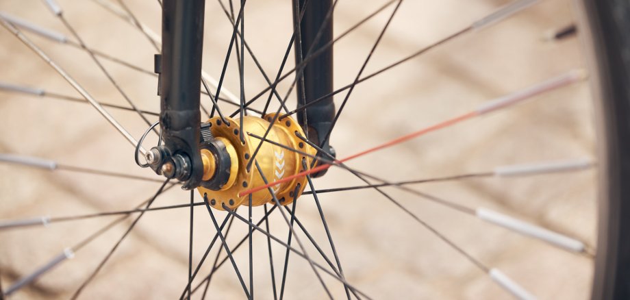 Goldene Radfelge im Mittelpunkt und Speichen