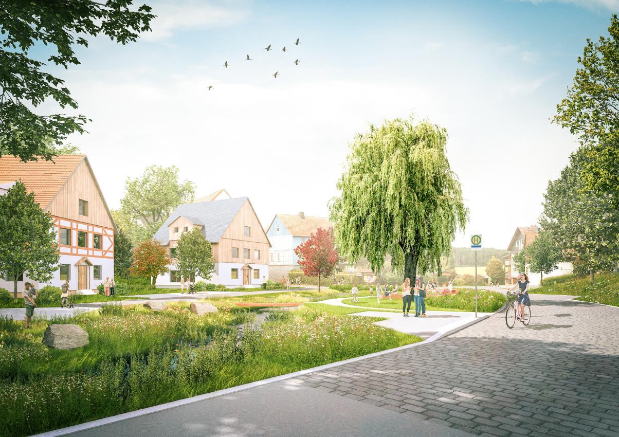 Visualisierung von Hommershausen mit Straße, Häusern und Grünfläche
