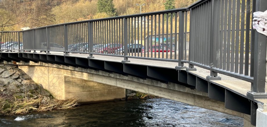 Seitenansicht einer kleinen Brücke mit Metallgeländer über einen Wasserlauf