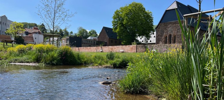 Bachlauf mit grün bewachsenem Ufer vor einer historischen Klosteranlage